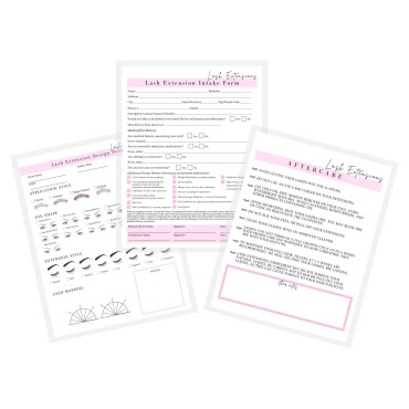 Lash Extension Eyelash Consent, Intake, Aftercare forms with Mapping length curl application style | 75 Pack | 25 of each Consent, Intake, Aftercare, and Design Forms for Lash Artists | 8.5 x 11 inch