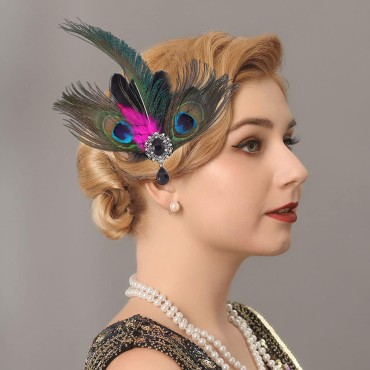 GORTIN Peacock Feather Hair Clip 1920s Gatsby Headpiece Black Art Deco Roaring Headband Flapper Halloween Great Gatsby Hair Accessories for Women and Girls