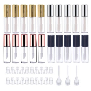 LTKJ 20 Packs 1.2 mL Pretty Empty Lip Gloss Tubes Containers, Clear Mini Refillable Lip Balm Bottles with Rubber Inserts and 3pcs Transfer Pipettes for Lip Samples Travel DIY Makeup (4 Colors)