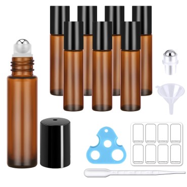 bofessor Essential Oil Roller Bottles, 10ml Amber Glass Roll on Bottles, Stainless Steel Roller Ball, Opener, Plastic Pipettes, Funnel, 8 Stickers, Refillable Container for Perfume 8 Pack
