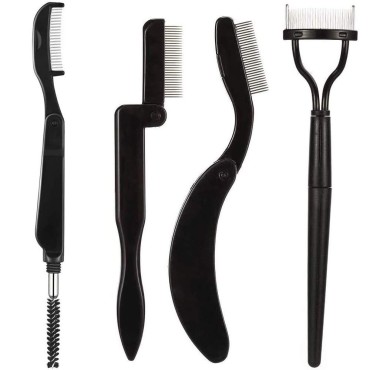 4 Pcs Folding Eyelash Comb Dou Eyebrow Brush with Spoolie Mascara Separator Metal Teeth Grooming Brushes for Define Lash and Brow