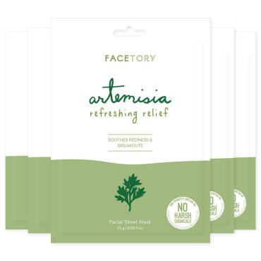 FACETORY Artemisia Refreshing Relief Sheet Mask with Artemisia Extract - Soft, Form-Fitting Facial Mask, For All Skin Types - Soothing, Balancing, and Calming (Pack of 5)