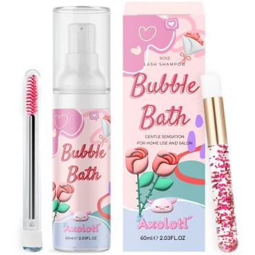 Axolotl Eyelash Extension Shampoo 60ml + Brush + Mascara Wand | Sensitive Formula Oil Free Cleanser| Paraben Free For Professional Use (Rose)