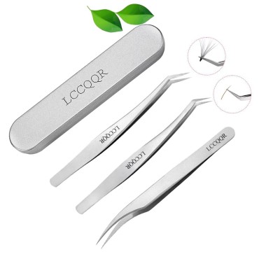 LCCQQR Eyelash Extension Tweezers, Stainless Steel 3Pcs Set Precision Eyelash Tweezers. Professional Lash Tweezers for Volume & Individual Lash Extensions.