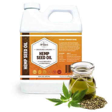 Organic Hemp Seed Oil | Premium Cold Pressed Unrefined | 100% Pure Hemp Seed Oil for Skin, Face, Hair, Soap Making, Massage | Carrier for Essential Oils | Available in Bulk | (16 OZ)