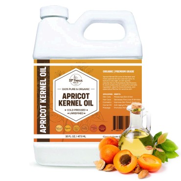 Organic Apricot Kernel Oil | Premium Cold Pressed Unrefined | 100% Pure Apricot Kernel Oil for Skin, Face, Hair, Soap Making, Massage | Carrier for Essential Oils | Available in Bulk | (16 OZ)