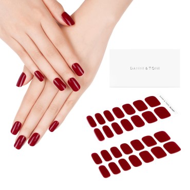 DANNI & TONI Semi Cured Gel Nail Strips (Sultry Cinders) Burgundy Gel Nail Wraps Deep Red Nail Stickers 28 Stickers
