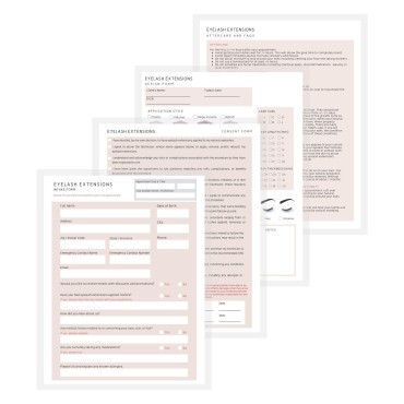 Lash Extension Eyelash Consent, Intake, Aftercare forms with Mapping | 100 Pack | 25 of each Consent, Intake, Aftercare, and Mapping Forms for Lash Artists | 8.5 x 11 inch