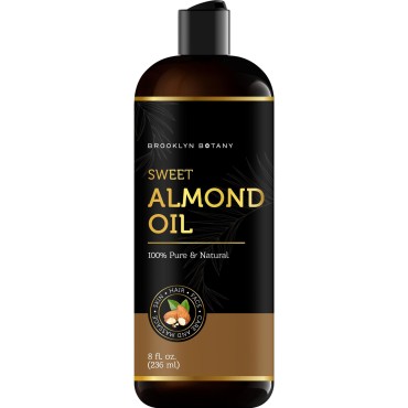 Brooklyn Botany Sweet Almond Oil for Skin, Hair and Face - 100% Pure and Natural Body Oil and Hair Oil - Carrier Oil for Essential Oils, Aromatherapy and Massage Oil - 8 fl Oz