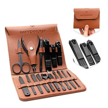 Nail Kit - Nail Clipper Set - Manicure Set -16 Stainless Steel Pieces Manicure Kit For Men’s - Pedicure Kit For Men - Mens Grooming Kit With Brown Leather portable Case by Hayvenhurst