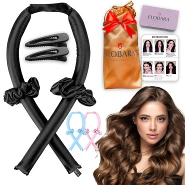 Heatless Hair Curler for Long Hair, No Heat Silk Curling Ribbon Rods with Hair Claw Clip-Curling Ribbon and Flexi Rods DIY Hair Styling Tools for Natural Hair (Black)
