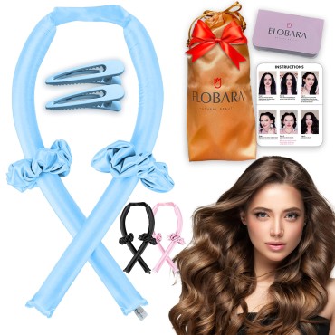 Heatless Hair Curler for Long Hair, No Heat Silk Curling Ribbon Rods with Hair Claw Clip-Curling Ribbon and Flexi Rods DIY Hair Styling Tools for Natural Hair (Blue)