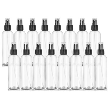 ljdeals 8 oz Clear Plastic Spray Bottles, Refillable Fine Mist Black Sprayer Bottles for Essential Oils, Perfumes, Travel, Pack of 16, Made in USA