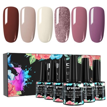 gruciso Soak Off Nail Polish Set,Gel Glitter Kit Collection Starter Manicure for Women Mother's Day Gift 6Pcs