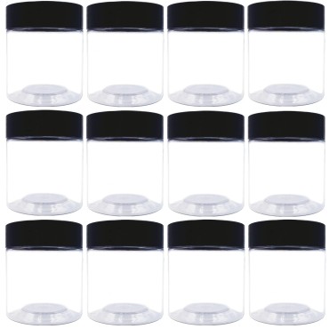 12 Pack 4 oz Plastic Jars,Wide-mouth Clear Storage Containers with Black Lids, Empty Round Clear Plastic Jars with Lids and labels for Body Butter, Bath Salt, Slime and Beauty Products