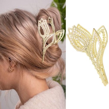 Bartosi Large Hair Claw Clips Gold Pearl Claw Clip...