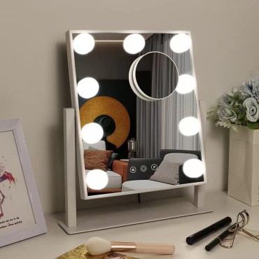 IMEASY Vanity Mirror with Lights?Hollywood Lighted Makeup Mirror with 3 Color Modes and 9 Dimmable Diamond LED Light Bulbs Detachable 10X Magnification 360° Rotation Touch Control