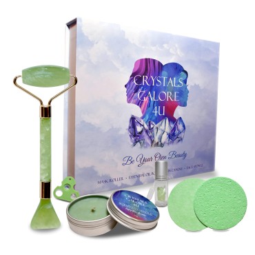 Crystals Galore 4U Jade Face Roller - Green Gua Sha Face Roller Kit for Skin Care | Kit Includes Jade Face Roller & Scraper Tool, Face Sponge, Scented Candle, & Crystal Essential Oil Bottle