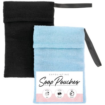 S&T INC. Exfoliating Soap Bag, Bar Soap Pouch and Soap Saver for Shower and Bath, 2 Pack, Black and Blue, 7.6 Inch x 4.5 Inch