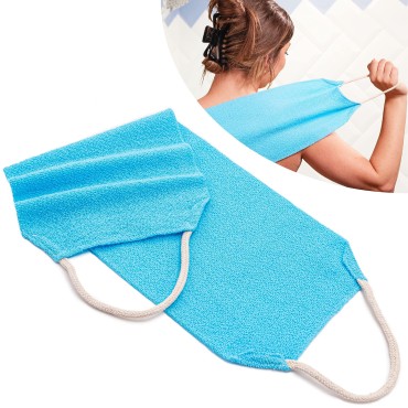 S&T INC. Exfoliating Body Scrubber, Back Exfoliator for Shower, Exfoliating Stretch Cloth with Handles, 8 Inch x 21 Inch, Blue, 1 Pack