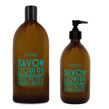 Compagnie de Provence Savon de Marseille Apothicare Liquid Soap, Mint Basil, 16.9 Fl Oz Glass Pump Bottle and 33.8 fl oz Plastic Bottle Refill