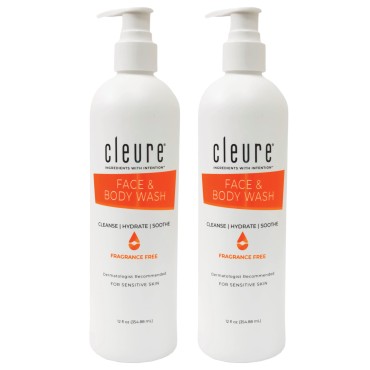Cleure Face and Body Wash for Sensitive Skin, Fragrance Free and pH Balanced - Paraben, Sulfate & Gluten Free (12 oz, Pack of 2)