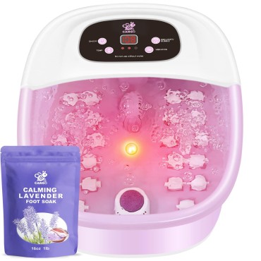 CANGO Foot Spa Bath Massager with Heat Bubbles and Vibration Massage and Jets, 16 OZ Calming Lavender Foot Soak Epsom Salt, Foot Soaker with Infrared Light, 22 Massage Rollers, Adjustable Temp - Pink
