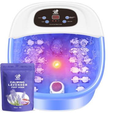 CANGO Foot Spa Bath Massager with Heat Bubbles and Vibration Massage and Jets, 16 OZ Calming Lavender Foot Soak Epsom Salt, Foot Soaker with Infrared Light, 22 Massage Rollers, Adjustable Temp - Blue