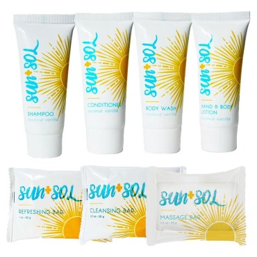 Sun + Sol Mini Travel Size Hotel Toiletries Bathroom Kit | Warm Coconut & Vanilla | Shampoo, Conditioner, Body Wash, Lotion, Cleansing Bar, Refreshing Soap Bar and Moisturizing Massage Bar - 25 Kits
