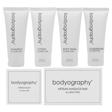 Bodyography Blanc Mini Travel Size Toiletries Bathroom Kit | Vanilla White Tea| Shampoo, Conditioner, Body Wash, Lotion, Artisan Soap and Massage Bar - 25 Kits