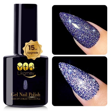 YTD Likomey Reflective Glitter Gel Nail Polish,15ml Galaxy Colorful Navy Blue Flash Diamond Shimmer Fall Winter Christmas UV Nail Gel Varnish,Super Sparkly Shiny Salon Manicure Gel