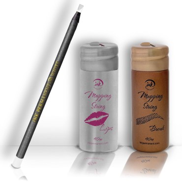 Pink and Brown Brow Mapping String [2 X 130 Ft Bottles - 80m] and White Eyebrow Pencil for Lips & Eyebrow for PMU & Microblading | Microblading Pencil for Eyebrows & Eyebrow Mapping String Microblading Kit