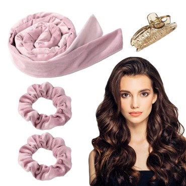 Heatless Hair Curler, Heatless Curling Rod Headband for Long Hair, No Heat Curl Ribbon Heatless Curlers to Sleep in Overnight, Hair Curler DIY Hair Styling Tools Formers with Hair Clips (Pink)