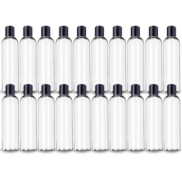 ljdeals 8 oz Clear Plastic Empty Bottles with Black Disc Top Caps, Refillable Containers for Shampoo, Lotions, Cream and More Pack of 20, BPA Free, Made in USA
