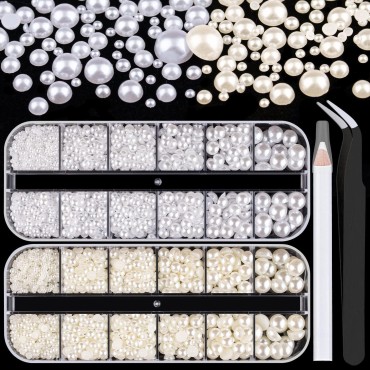 2700 Pcs Flat Back Pearls Kits 1 Box of Flatback White+1 Box of Beige Half Round Pearls with Pickup Pencil And Tweezer for Home DIY And Professional Nail Art, Face Makeup And Craft