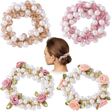 4 PCS HINZIC Pearl Crystal Hair Elastic Ties Pink ...