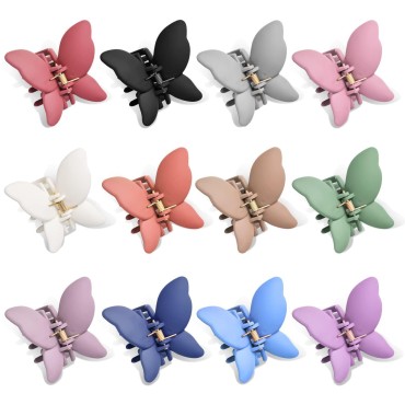 12 Pcs Butterfly Hair Clips for Women Girls 2.6 Inch Non-Slip Matte Jaw Clips 12 Colors Strong Hold Butterfly Hair Clamps for Thick Thin Curly Hair