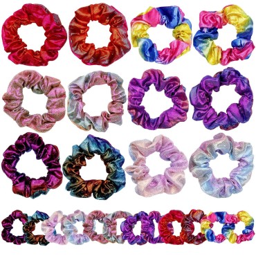Colorful Hair Scrunchies for Girls Woman 24 Pcs Elastic Band Metallic Hair Ties Fairy Mermaid Themed Party Supplies Birthday Gift Goodies Bag filler 90’S Retro Vsco Party Favor Valentine Gifts