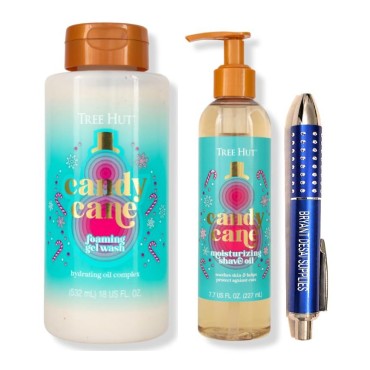 Candy Cane Foaming Gel Wash, 18 Fl.oz and Candy Cane Shave Oil, 7.7 Fl.oz, Packaged with BRYANT DESAI SUPPLIES Pen