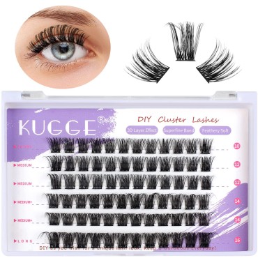 Kugge Lash Clusters DIY Eyelash Extensions, 72PCS D Curl Wide Cluster Lashes, 10-16mm Mixed Length Individual Cluster Lashes, Natural & Soft Lash Extensions At Home (Fluffy)