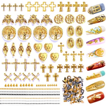 136pcs 3D Nail Charms Rhinestones for Acrylic Nail Art Metal Nail Chains Gold Cross Heart Vintage Alloy Nail Rivet Studs Tip Punk Accessories Decoration Craft DIY