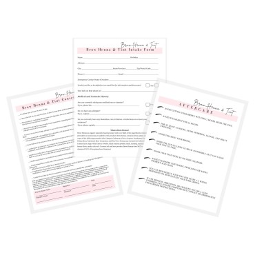 Brow Henna and Tint Intake Forms, Consent, and Aftercare Instruction Cards | 75 pk, 25 of Each | for Client Signature Medical History Information 8.5x11” A1