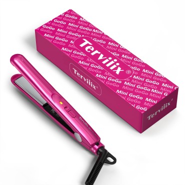 Terviiix Mini Flat Iron for Travel, 1/2'' Small Hair Straightener for Short Hair/Bangs, 0.5'' Portable Ceramic Straightening Irons, Dual Voltage, Pouch Included, Compact Size, Pink