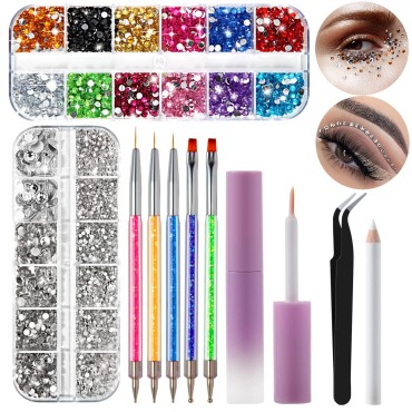 5100Pcs Face Gems Face Jewels with Makeup Glue, FITTDYHE Multi-Color Flatback Rhinestone with Nail Art Tools Dotting Tools, Rhinestone Gems for Makeup Nail Art Body Hair Crafts Decoration