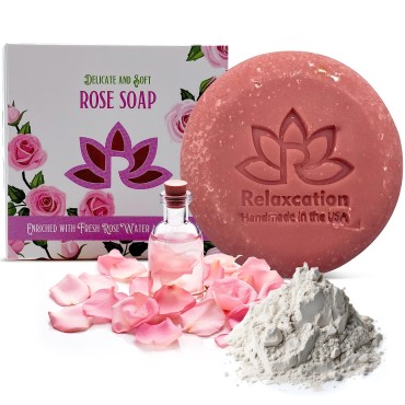 ROSE Natural Cold Process Soap with Fresh Rose Water, Kaolin Clay, Rose Petals, Moisturizing Coconut Oil - Gentle pink soap for sensitive skin - Perfect for face and body (Round Rose Soap)