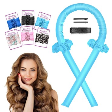 Heatless Curling Rod Headband, Overnight Hair Curlers,No Heat Curl with Hair Clips, Heatless Curls to Sleep in Silk Ribbon Hair Rollers for Long Hair Styling Tools (Sky Blue)
