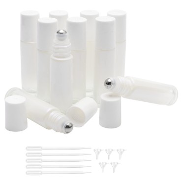 Newzoll Roller Bottles, Glass Essential Oil Roller Bottles, 10ml/0.34Oz White Color with Opener, 5 Funnels and 5 Droppers, Pack of 10