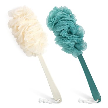 2Pack Back Scrubber for Shower?PIPUHA Loofah Sponge Shower Brush Using Body Exfoliating with Long Handle, Loofah on a Stick for Men Women, Bathing Accessories for Body Brushes (Blue and White)