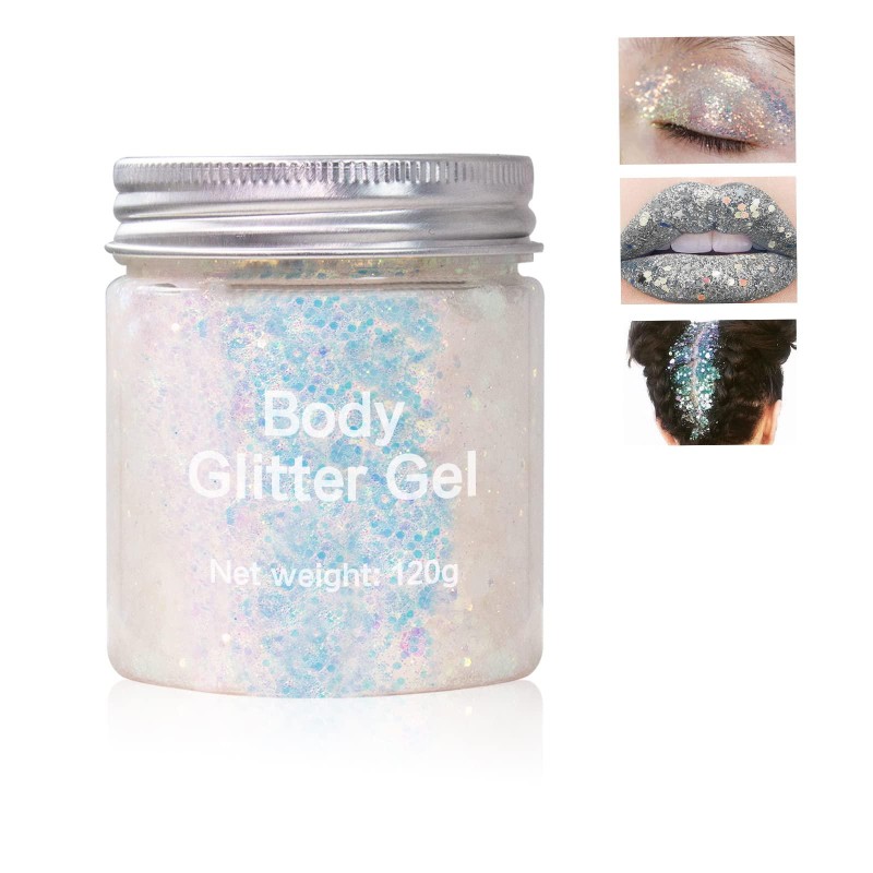 HOSAILY White Body Glitter Gel, 120ml Holographic Mermaid Sequins Liquid Glitter for Body Hair Face Eye Lip Nail, Long Lasting Chunky Glitter Makeup Festival Party Rave Accessories (Mermaid White)