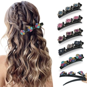 Sparkling Crystal Stone Braided Hair Clips,Rhinestone Hair Clips for Women,Butterfly Clips,Hair Jewelry for Braids with 3 Small Clips,Satin Fabric Hair Bands Multi Clip Hair Barrette for Girls